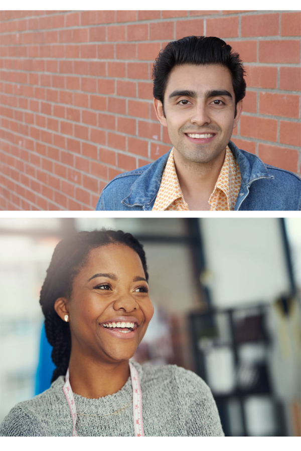 Two pictures - one of a Hispanic male smiling up against a brick wall. Second of a young African American girl smiling behind coffee counter.