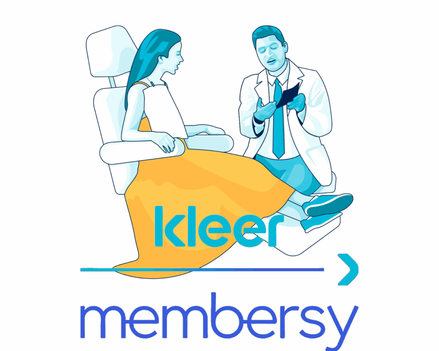 Cartoon sketch of a Dentist Doctor and patient for Kleer Membership.
